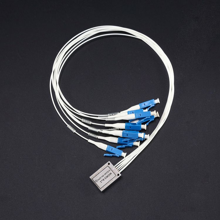  8通道1271-1411nm或ITU，典型插損1.2dB，自由空間3D設(shè)計(jì)，單側(cè)出纖, 可伐材料激光焊接封裝，工業(yè)溫度運(yùn)行和適配0.25英寸卡槽的CWDM粗波分復(fù)用&解復(fù)用器件